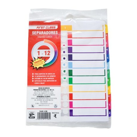 DIE-SEP-4128 / 4128 Separadores Dietrix tamaño carta del 1 al 12 pestañas de color impreso el numero