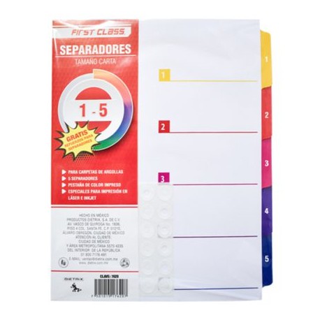 DIE-SEP-7620 / 7620 Separadores Dietrix tamaño carta del 1 al 5 pestañas de color impreso el numero