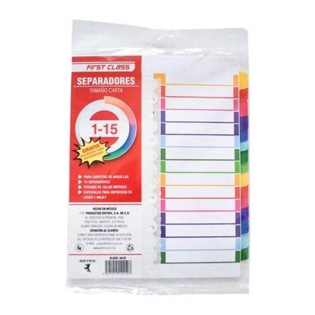 DIE-SEP-4410 / 4410 Separadores Dietrix tamaño carta del 1 al 15 pestañas de color
