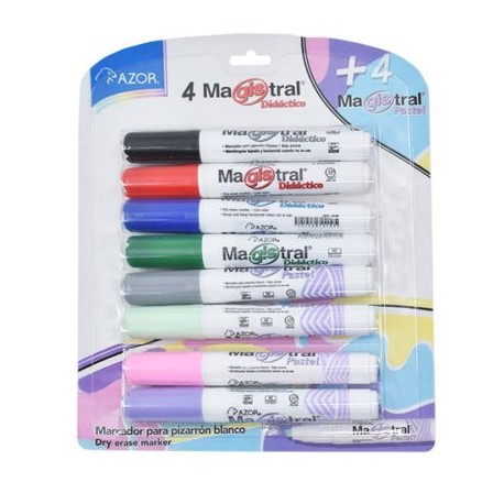 AZO-MAR-8358P / 301.8358P Marcador Magistral Didáctico punta cincel 6 mm colores surtidos empaque 8 pzas