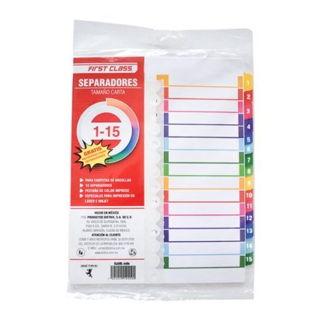 DIE-SEP-4404 / 4404 Separadores Dietrix tamaño carta del 1 al 15 pestañas de color impreso el numero