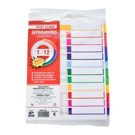 DIE-SEP-4409 / 4409 Separadores Dietrix tamaño carta del 1 al 12 pestañas de color