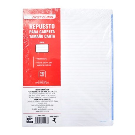 DIE-CUA-2293 / 2293 Repuesto para carpeta Dietrix carta raya100 hojas con filo de colores