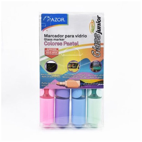 AZO-MAR-22426P / 301.22426P Marcador para vidrio Aquarelo Glass Jr. punta bala 4 mm colores pastel con 4 pzs